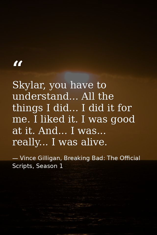 Skylar, you have to understand... All the things I did... I did it for me. I liked it. I was good at it. And... I was... — Vince Gilligan, Breaking Bad: The Official Scripts, Season 1