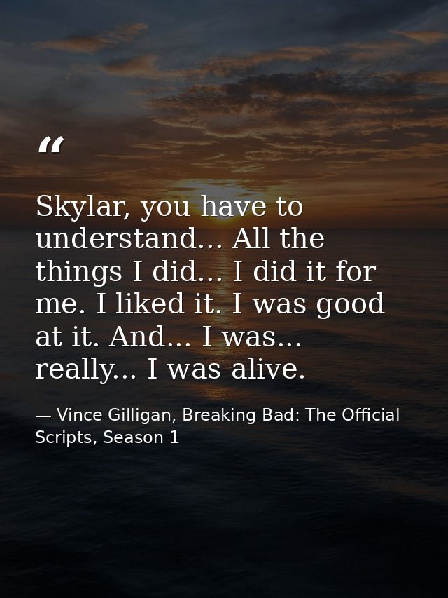 Skylar, you have to understand... All the things I did... I did it for me. I liked it. I was good at it. And... I was... — Vince Gilligan, Breaking Bad: The Official Scripts, Season 1