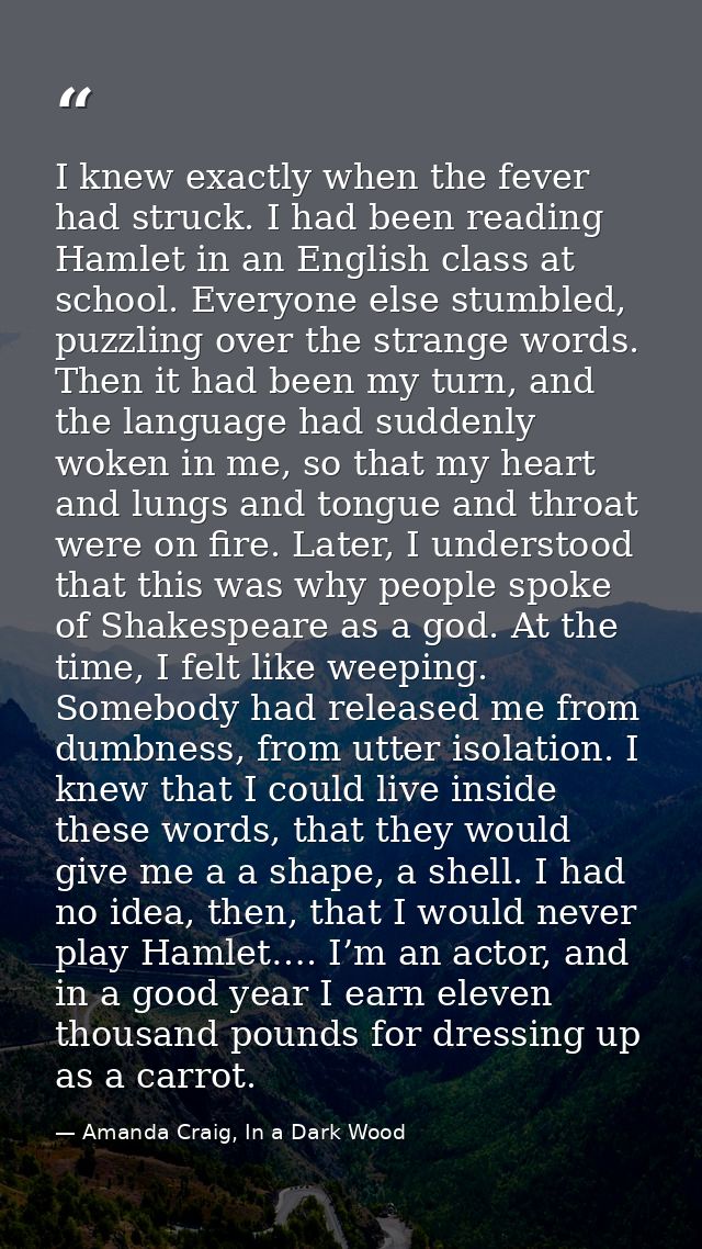 I knew exactly when the fever had struck. I had been reading Hamlet in an English class at school. Everyone else stumble — Amanda Craig, In a Dark Wood