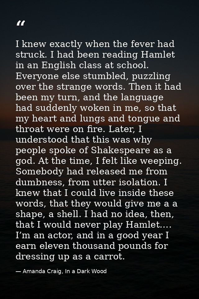 I knew exactly when the fever had struck. I had been reading Hamlet in an English class at school. Everyone else stumble — Amanda Craig, In a Dark Wood