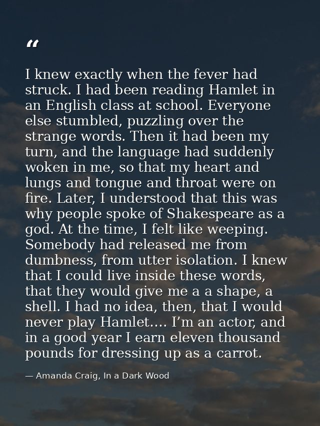 I knew exactly when the fever had struck. I had been reading Hamlet in an English class at school. Everyone else stumble — Amanda Craig, In a Dark Wood