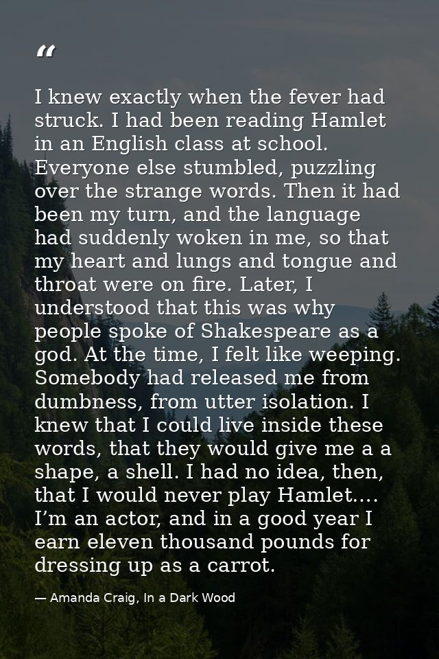 I knew exactly when the fever had struck. I had been reading Hamlet in an English class at school. Everyone else stumble — Amanda Craig, In a Dark Wood