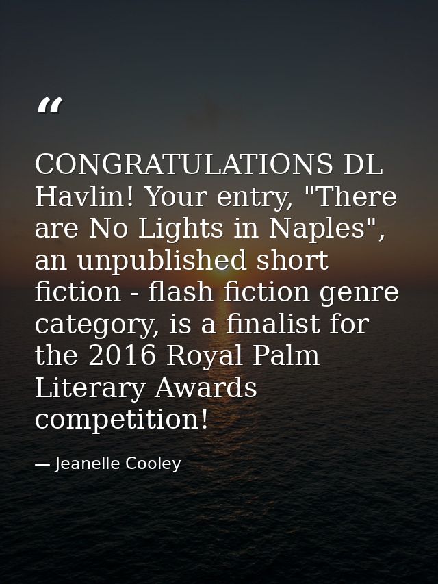 CONGRATULATIONS DL Havlin! Your entry, "There are No Lights in Naples", an unpublished short fiction - flash fiction gen — Jeanelle Cooley