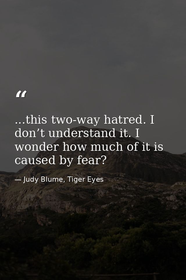 ...this two-way hatred. I don’t understand it. I wonder how much of it is caused by fear? — Judy Blume, Tiger Eyes