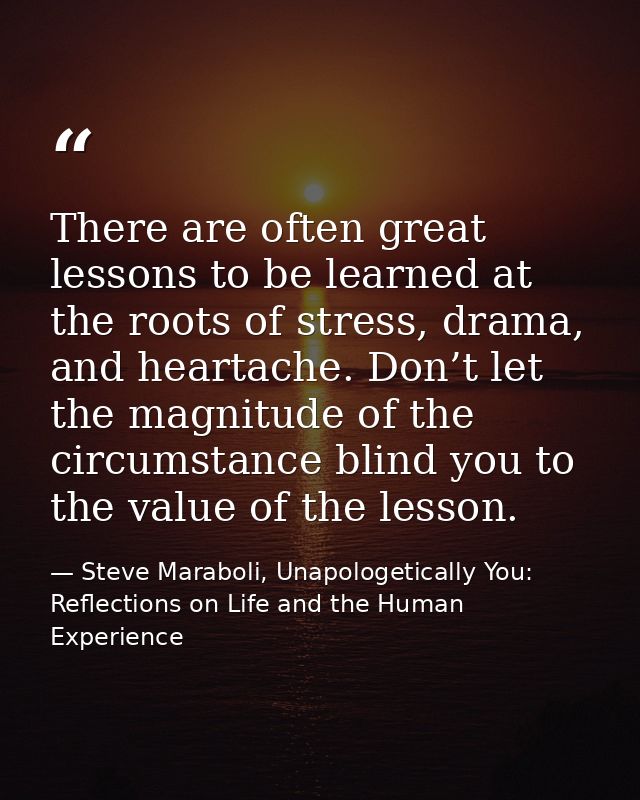 There are often great lessons to be learned at the roots of stress, drama, and heartache. Don’t let the magnitude of the — Steve Maraboli, Unapologetically You: Reflections on Life and the Human Experience