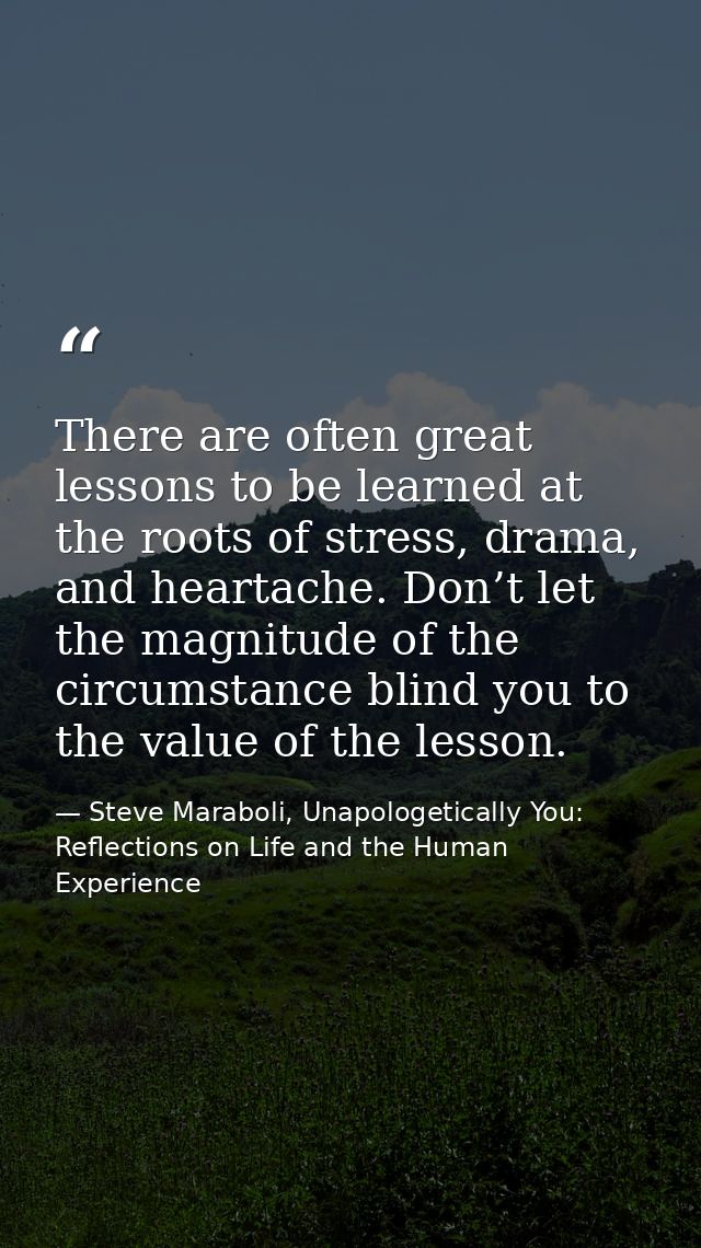 There are often great lessons to be learned at the roots of stress, drama, and heartache. Don’t let the magnitude of the — Steve Maraboli, Unapologetically You: Reflections on Life and the Human Experience
