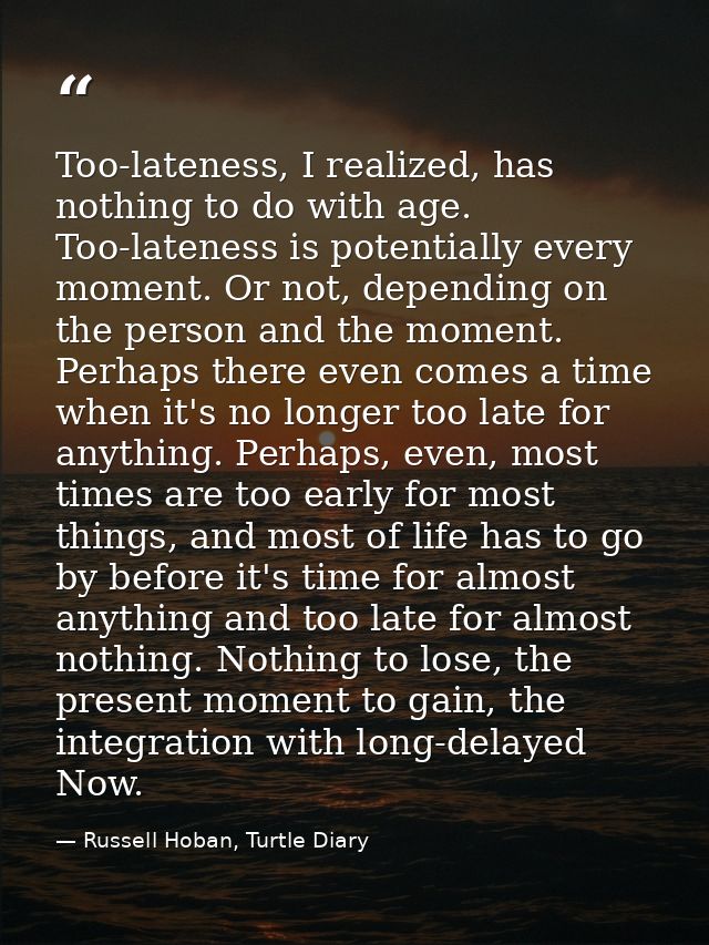 Too-lateness, I realized, has nothing to do with age. Too-lateness is potentially every moment. Or not, depending on the — Russell Hoban, Turtle Diary