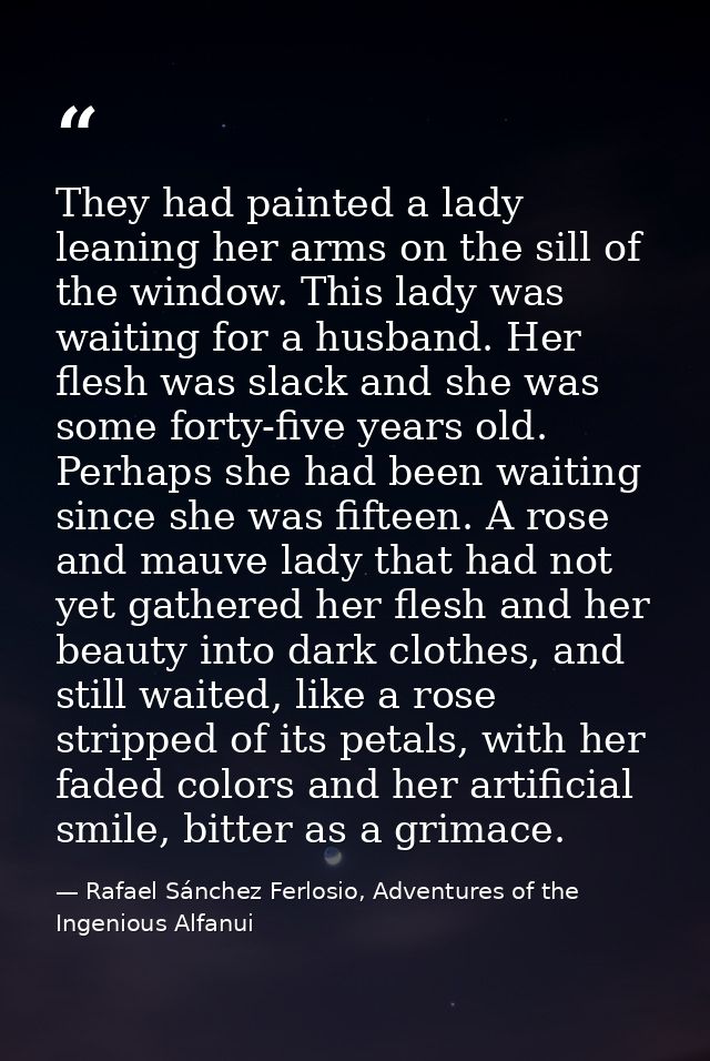 They had painted a lady leaning her arms on the sill of the window. This lady was waiting for a husband. Her flesh was s — Rafael Sánchez Ferlosio, Adventures of the Ingenious Alfanui