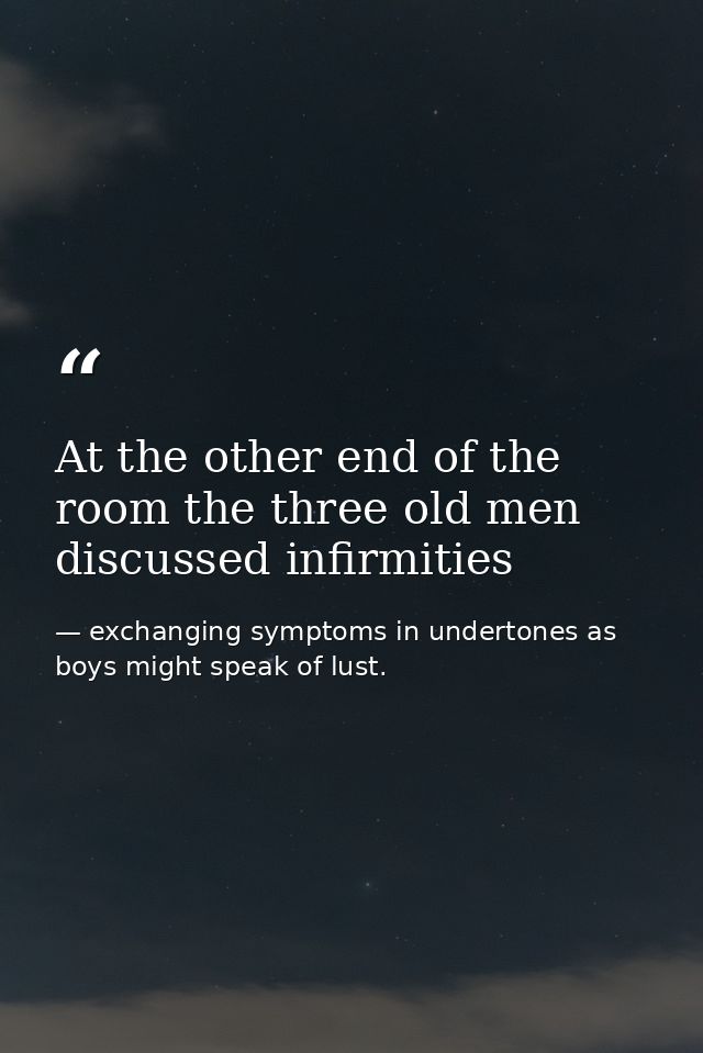 At the other end of the room the three old men discussed infirmities — exchanging symptoms in undertones as boys might speak of lust.