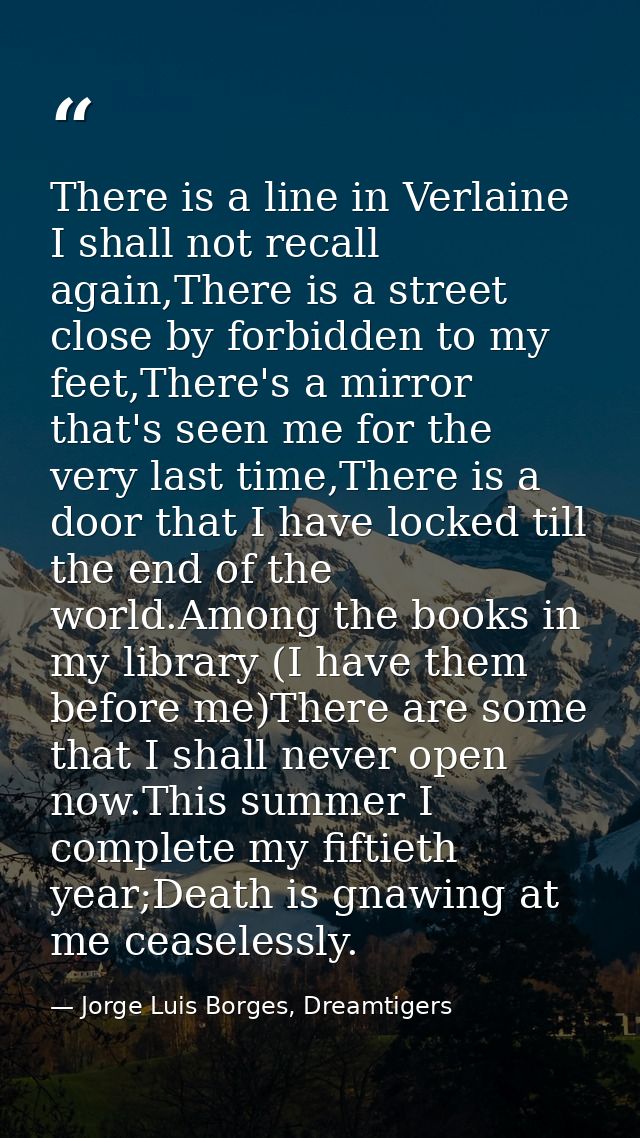 There is a line in Verlaine I shall not recall again,There is a street close by forbidden to my feet,There's a mirror th — Jorge Luis Borges, Dreamtigers