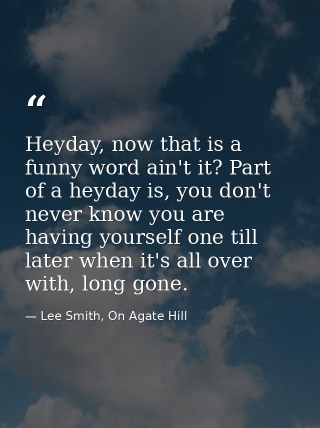 Heyday, now that is a funny word ain't it? Part of a heyday is, you don't never know you are having yourself one till la — Lee Smith, On Agate Hill