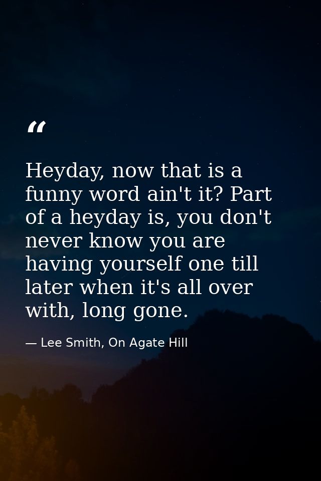 Heyday, now that is a funny word ain't it? Part of a heyday is, you don't never know you are having yourself one till la — Lee Smith, On Agate Hill