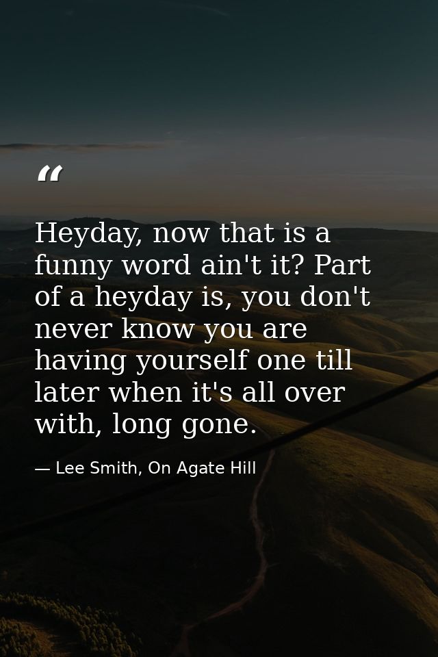 Heyday, now that is a funny word ain't it? Part of a heyday is, you don't never know you are having yourself one till la — Lee Smith, On Agate Hill