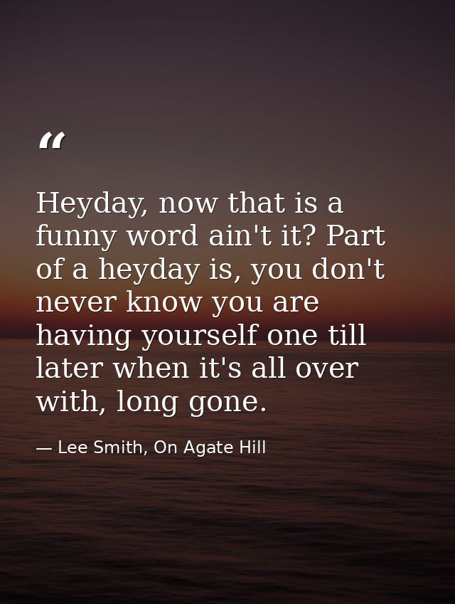 Heyday, now that is a funny word ain't it? Part of a heyday is, you don't never know you are having yourself one till la — Lee Smith, On Agate Hill