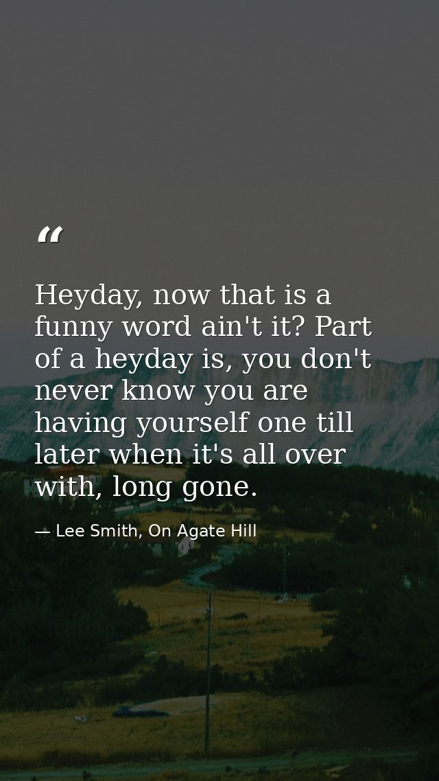 Heyday, now that is a funny word ain't it? Part of a heyday is, you don't never know you are having yourself one till la — Lee Smith, On Agate Hill
