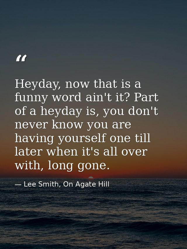 Heyday, now that is a funny word ain't it? Part of a heyday is, you don't never know you are having yourself one till la — Lee Smith, On Agate Hill