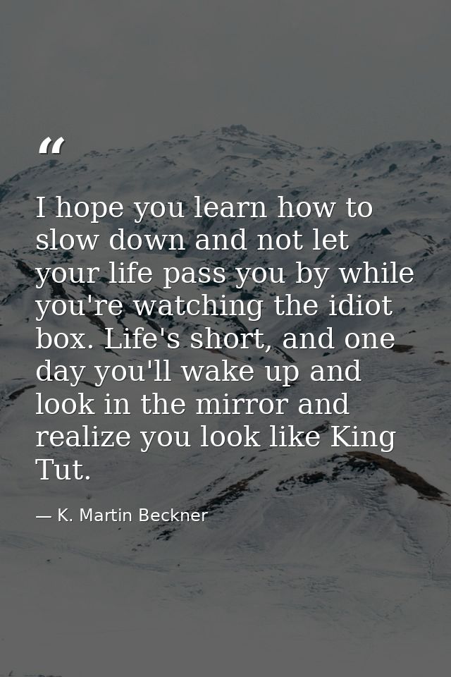 I hope you learn how to slow down and not let your life pass you by while you're watching the idiot box. Life's short, a — K. Martin Beckner