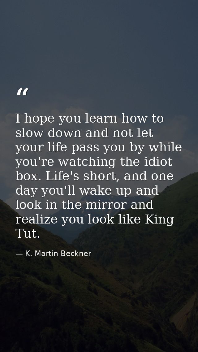I hope you learn how to slow down and not let your life pass you by while you're watching the idiot box. Life's short, a — K. Martin Beckner