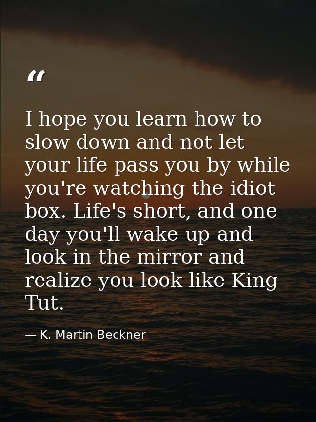 I hope you learn how to slow down and not let your life pass you by while you're watching the idiot box. Life's short, a — K. Martin Beckner