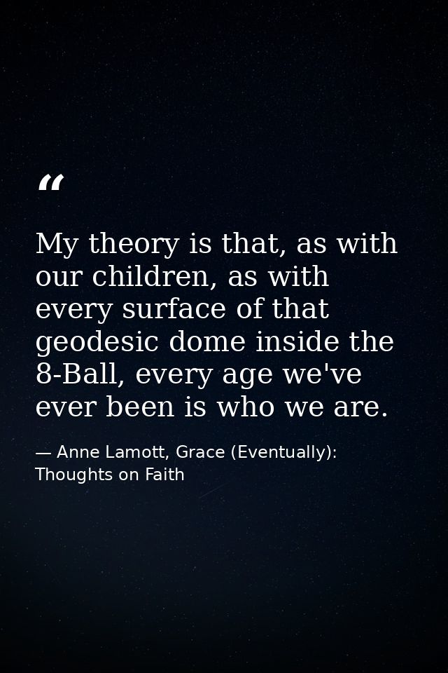 My theory is that, as with our children, as with every surface of that geodesic dome inside the 8-Ball, every age we've  — Anne Lamott, Grace (Eventually): Thoughts on Faith