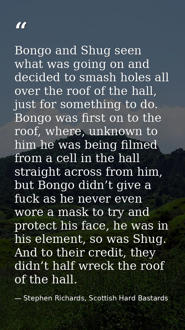 Bongo and Shug seen what was going on and decided to smash holes all over the roof of the hall, just for something to do — Stephen Richards, Scottish Hard Bastards
