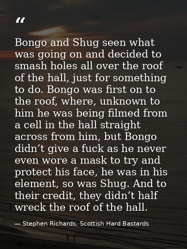 Bongo and Shug seen what was going on and decided to smash holes all over the roof of the hall, just for something to do — Stephen Richards, Scottish Hard Bastards