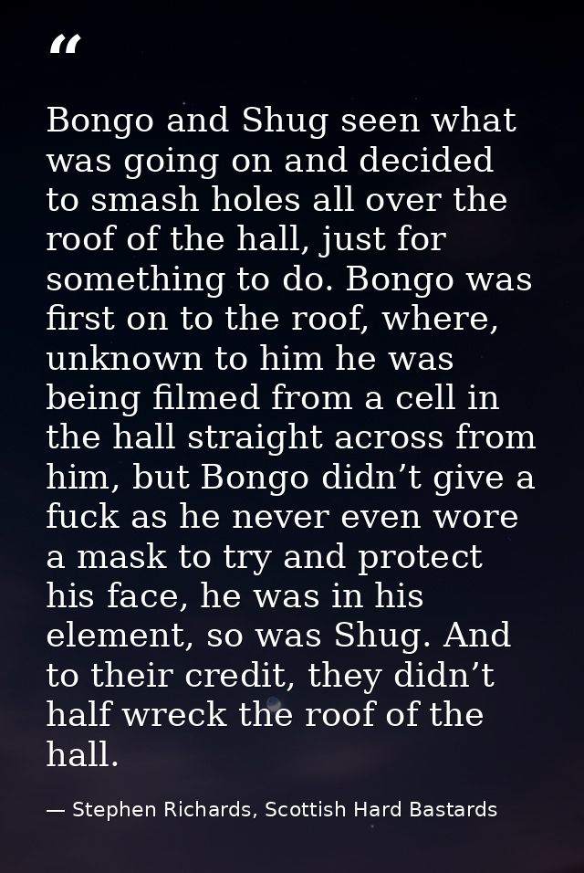 Bongo and Shug seen what was going on and decided to smash holes all over the roof of the hall, just for something to do — Stephen Richards, Scottish Hard Bastards