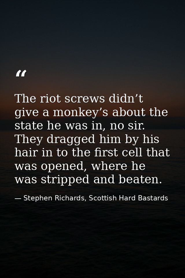 The riot screws didn’t give a monkey’s about the state he was in, no sir. They dragged him by his hair in to the first c — Stephen Richards, Scottish Hard Bastards