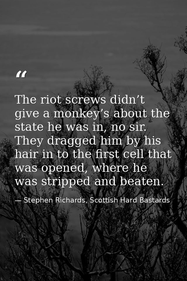 The riot screws didn’t give a monkey’s about the state he was in, no sir. They dragged him by his hair in to the first c — Stephen Richards, Scottish Hard Bastards