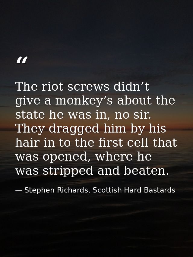 The riot screws didn’t give a monkey’s about the state he was in, no sir. They dragged him by his hair in to the first c — Stephen Richards, Scottish Hard Bastards