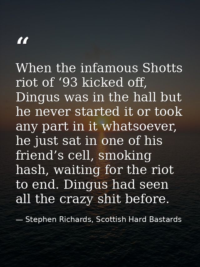 When the infamous Shotts riot of ‘93 kicked off, Dingus was in the hall but he never started it or took any part in it w — Stephen Richards, Scottish Hard Bastards