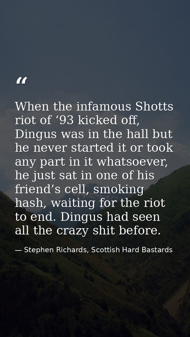 When the infamous Shotts riot of ‘93 kicked off, Dingus was in the hall but he never started it or took any part in it w — Stephen Richards, Scottish Hard Bastards