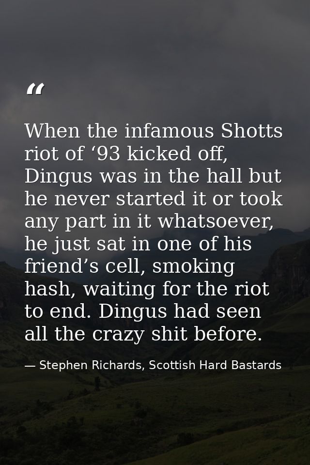 When the infamous Shotts riot of ‘93 kicked off, Dingus was in the hall but he never started it or took any part in it w — Stephen Richards, Scottish Hard Bastards