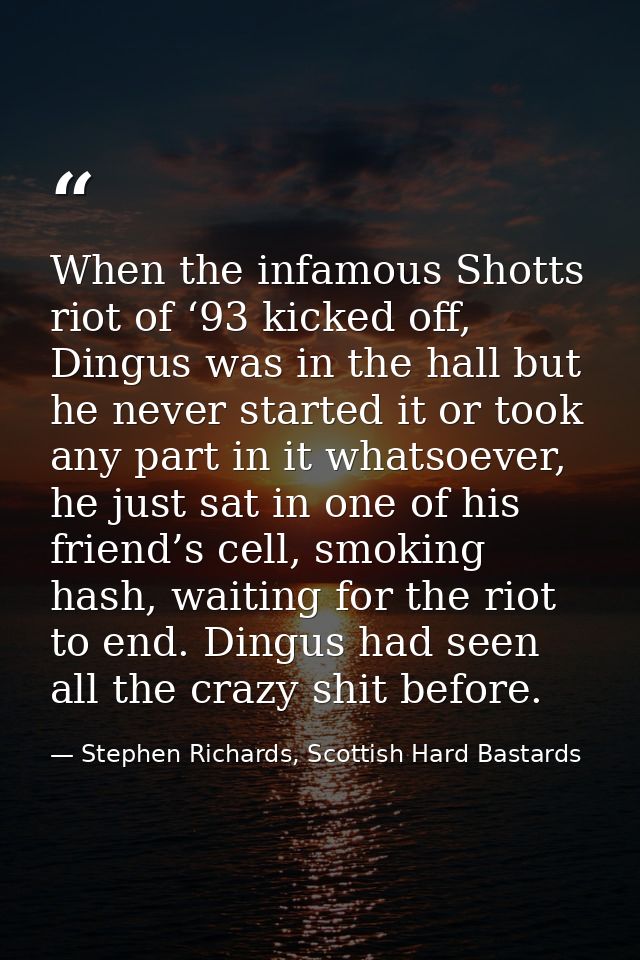 When the infamous Shotts riot of ‘93 kicked off, Dingus was in the hall but he never started it or took any part in it w — Stephen Richards, Scottish Hard Bastards