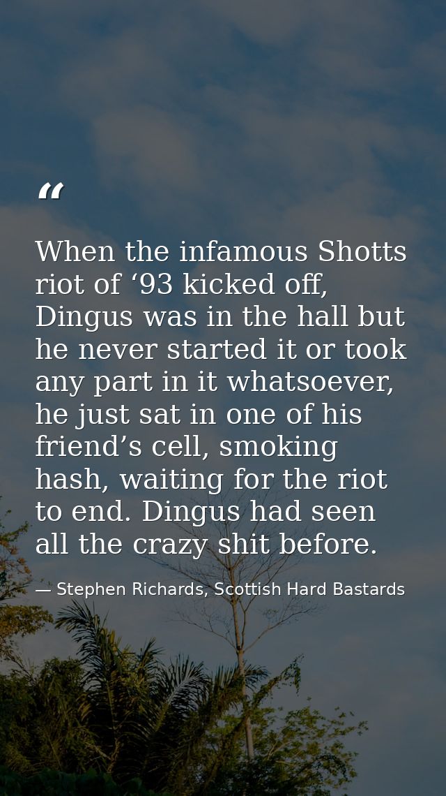 When the infamous Shotts riot of ‘93 kicked off, Dingus was in the hall but he never started it or took any part in it w — Stephen Richards, Scottish Hard Bastards