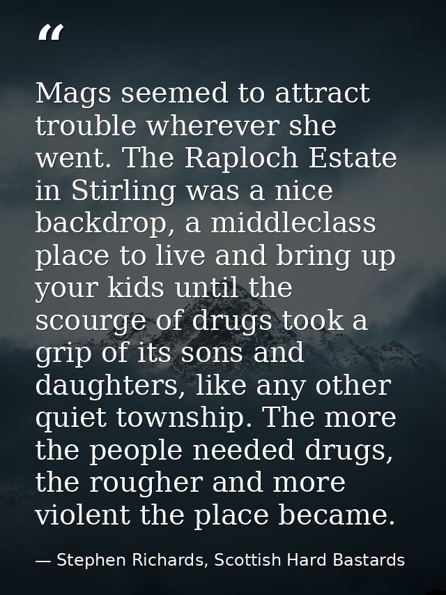 Mags seemed to attract trouble wherever she went. The Raploch Estate in Stirling was a nice backdrop, a middleclass plac — Stephen Richards, Scottish Hard Bastards