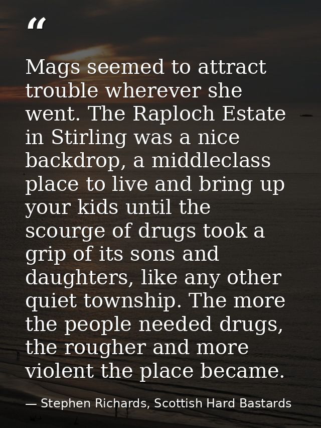 Mags seemed to attract trouble wherever she went. The Raploch Estate in Stirling was a nice backdrop, a middleclass plac — Stephen Richards, Scottish Hard Bastards