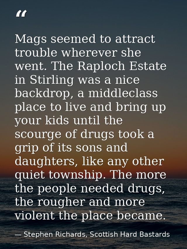 Mags seemed to attract trouble wherever she went. The Raploch Estate in Stirling was a nice backdrop, a middleclass plac — Stephen Richards, Scottish Hard Bastards