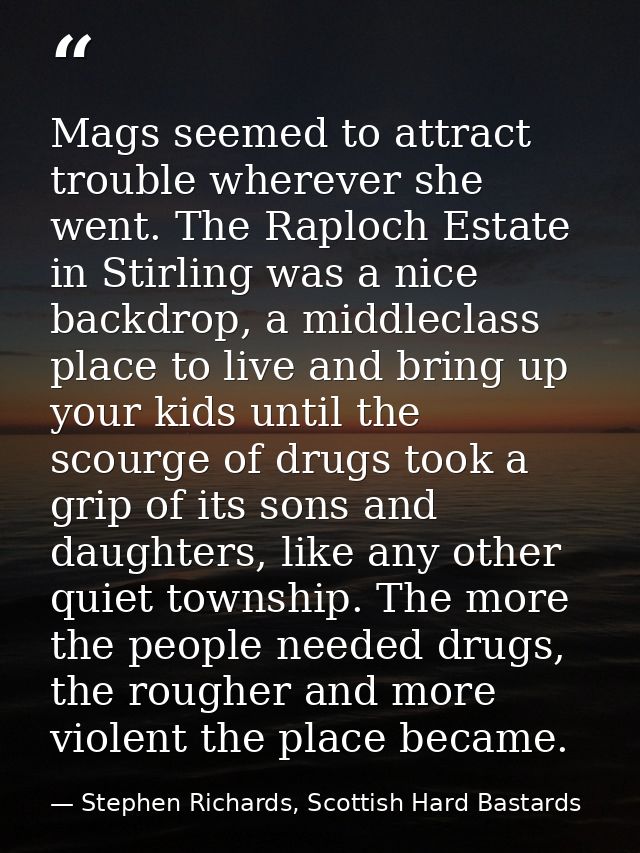 Mags seemed to attract trouble wherever she went. The Raploch Estate in Stirling was a nice backdrop, a middleclass plac — Stephen Richards, Scottish Hard Bastards