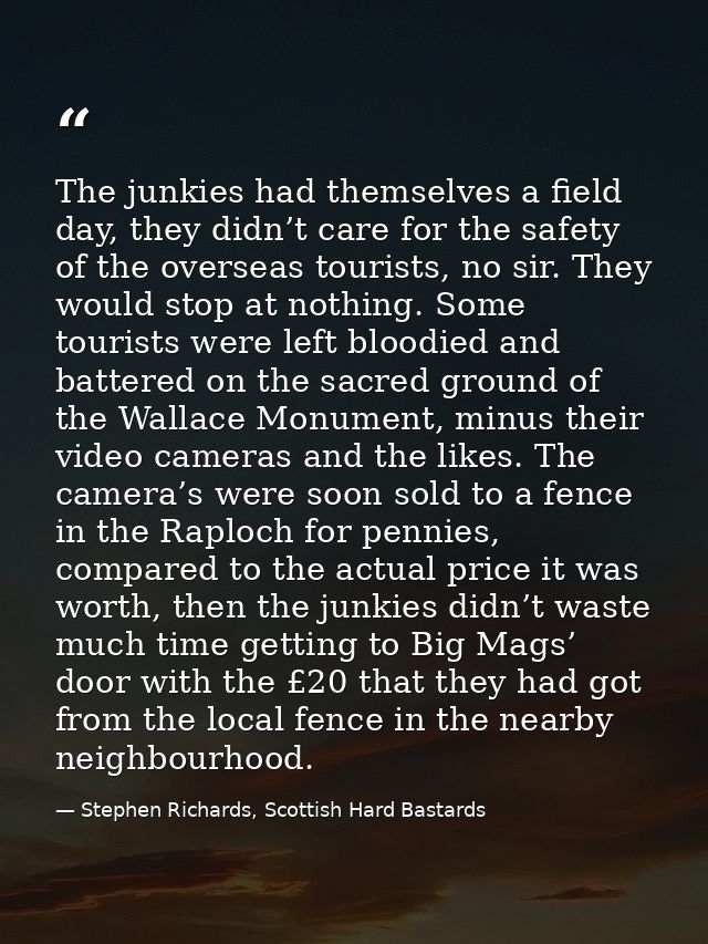 The junkies had themselves a field day, they didn’t care for the safety of the overseas tourists, no sir. They would sto — Stephen Richards, Scottish Hard Bastards
