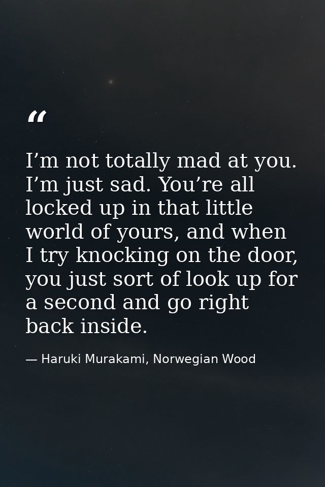 I’m not totally mad at you. I’m just sad. You’re all locked up in that little world of yours, and when I try knocking on — Haruki Murakami, Norwegian Wood