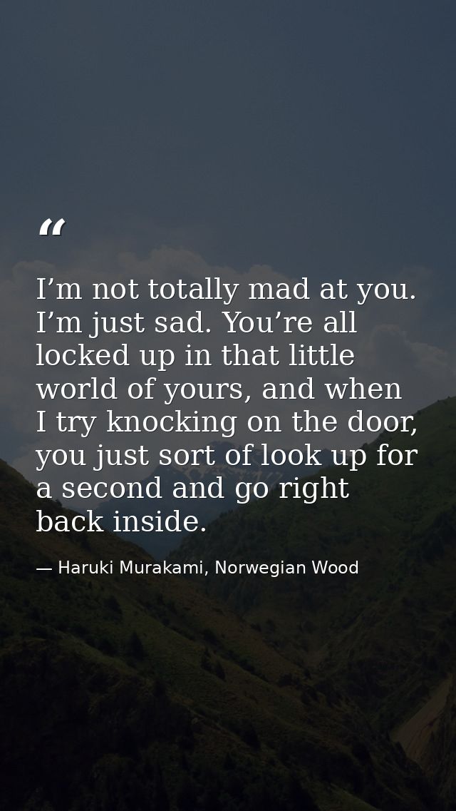 I’m not totally mad at you. I’m just sad. You’re all locked up in that little world of yours, and when I try knocking on — Haruki Murakami, Norwegian Wood