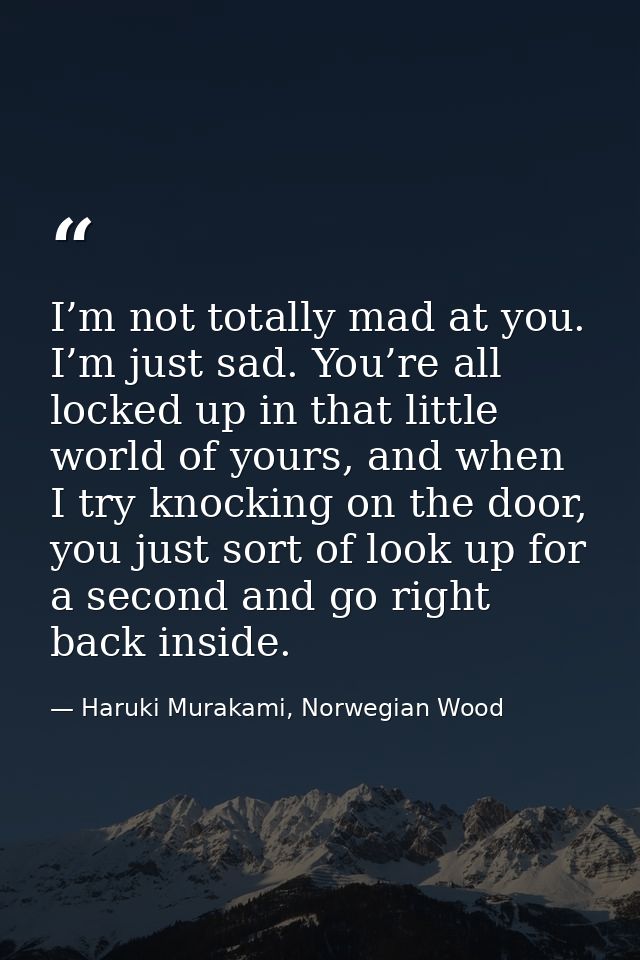 I’m not totally mad at you. I’m just sad. You’re all locked up in that little world of yours, and when I try knocking on — Haruki Murakami, Norwegian Wood