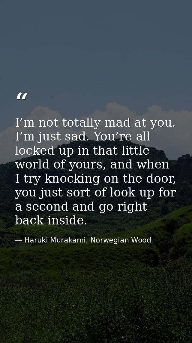 I’m not totally mad at you. I’m just sad. You’re all locked up in that little world of yours, and when I try knocking on — Haruki Murakami, Norwegian Wood