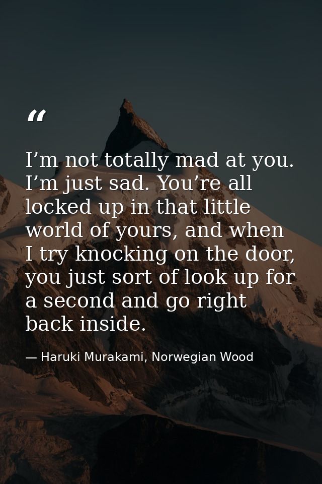 I’m not totally mad at you. I’m just sad. You’re all locked up in that little world of yours, and when I try knocking on — Haruki Murakami, Norwegian Wood