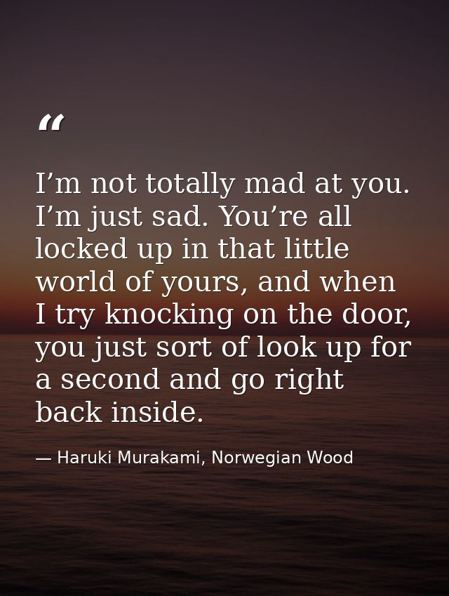 I’m not totally mad at you. I’m just sad. You’re all locked up in that little world of yours, and when I try knocking on — Haruki Murakami, Norwegian Wood