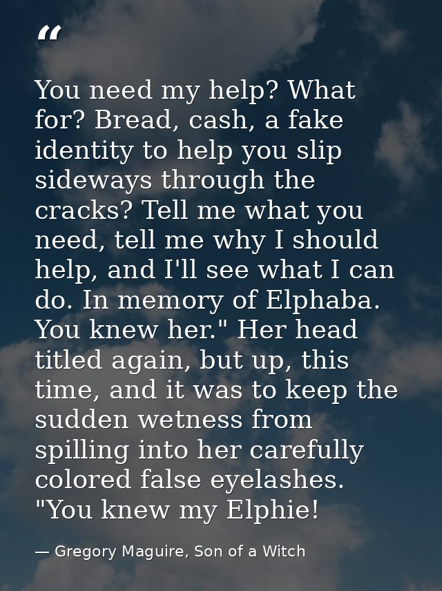 You need my help? What for? Bread, cash, a fake identity to help you slip sideways through the cracks? Tell me what you  — Gregory Maguire, Son of a Witch