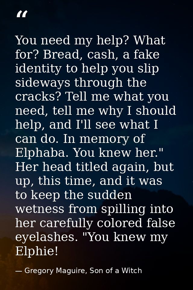 You need my help? What for? Bread, cash, a fake identity to help you slip sideways through the cracks? Tell me what you  — Gregory Maguire, Son of a Witch