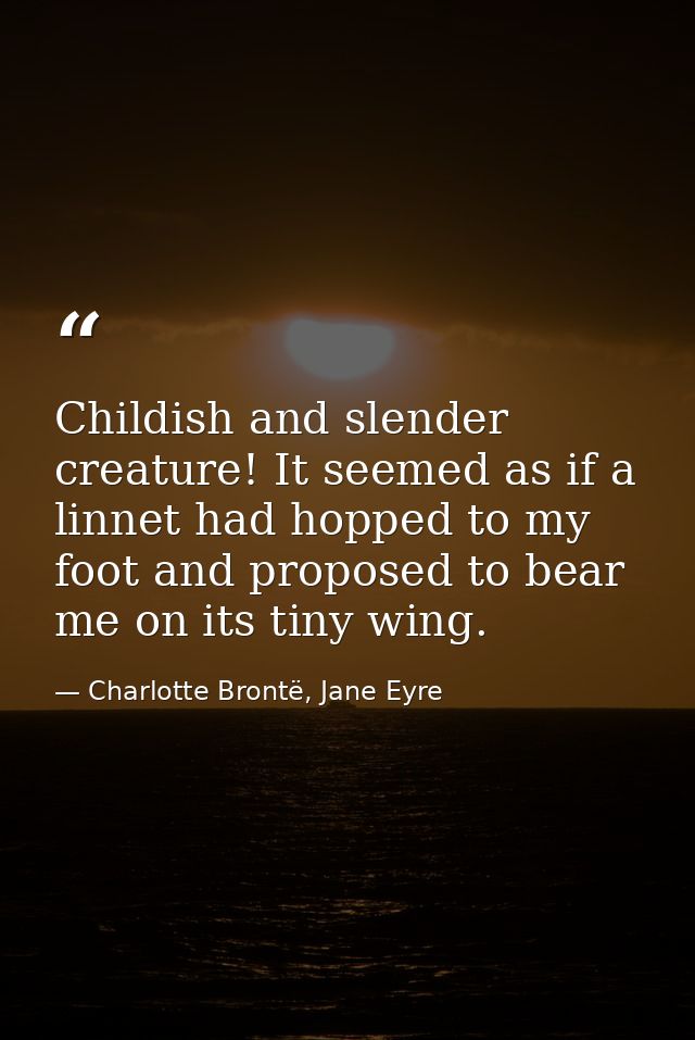 Childish and slender creature! It seemed as if a linnet had hopped to my foot and proposed to bear me on its tiny wing. — Charlotte Brontë, Jane Eyre