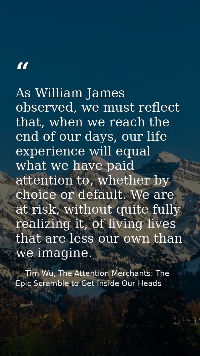 As William James observed, we must reflect that, when we reach the end of our days, our life experience will equal what  — Tim Wu, The Attention Merchants: The Epic Scramble to Get Inside Our Heads